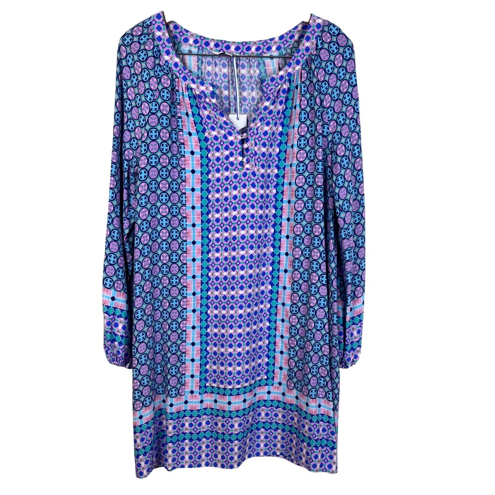 NWT: Southern Tide M Dress Long Sleeve Geometric Print‎ V Neck Boho (K639)